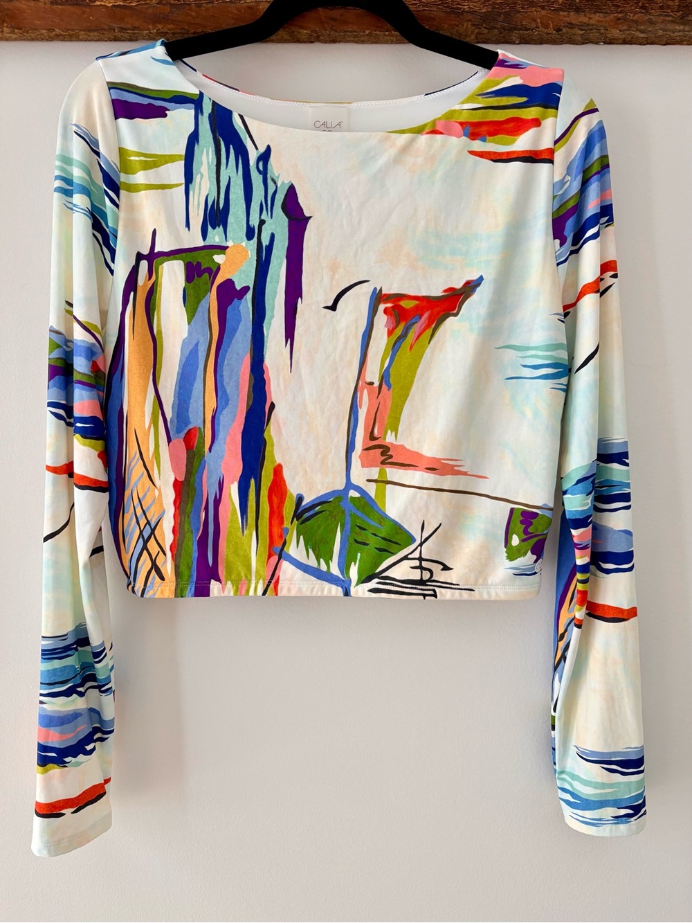 Calia—Swim Rash Guard Long Sleeve, Coastal Watercolor Print (Large)